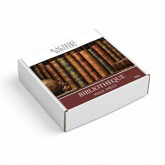 Rachael Winter Bibliothèque wax melt box featuring antique leather-bound books and a deep burgundy label.