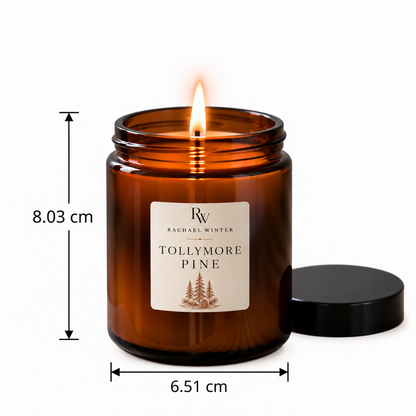 Tollymore Pine Amber Jar Candle with dimensions
