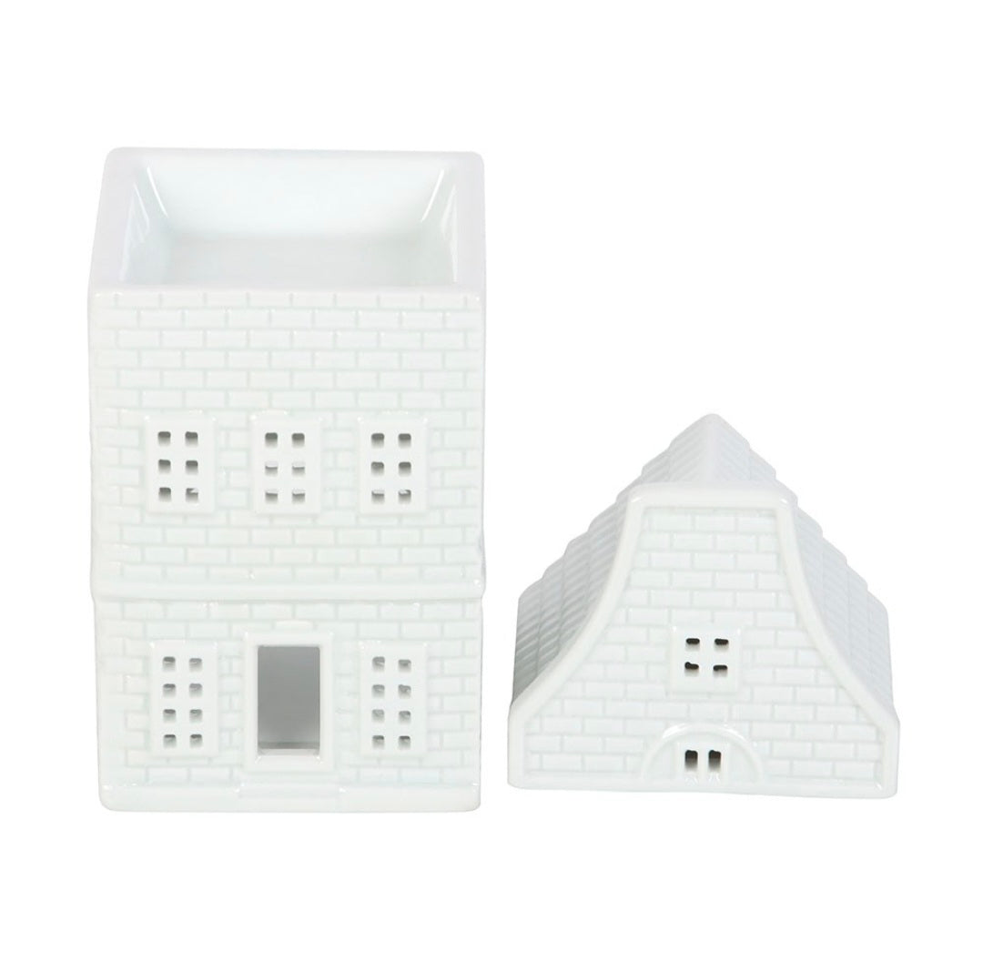 White Nordic house wax burner with lid removed showing wax melt dish and tealight space